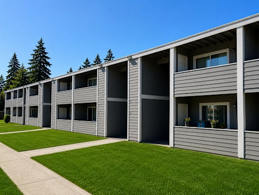 A line of grey houses with green lawns in front.