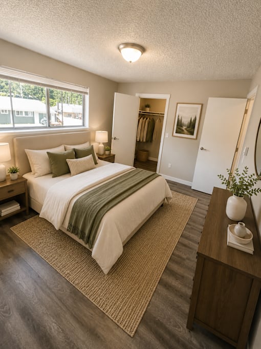 A bedroom with a bed, nightstand, and a window with a view of the outside.