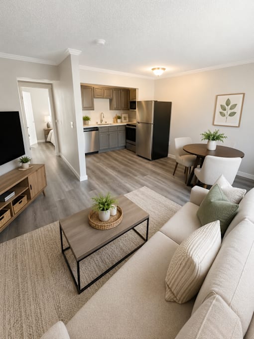 A modern living room with a large couch and a coffee table.