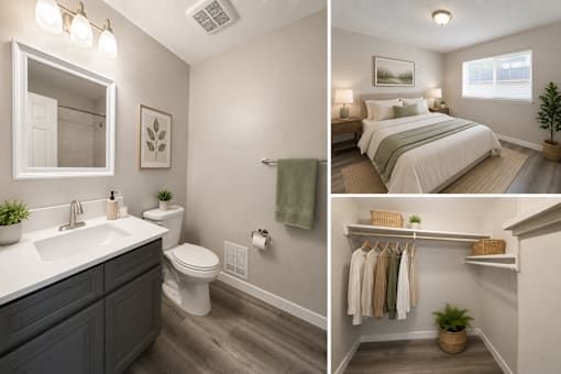 A bathroom with a toilet, sink, and a bedroom with a bed.