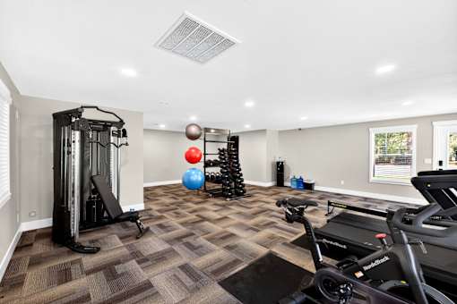 A well-equipped home gym with a treadmill, exercise ball, and weight rack.