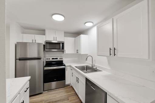 A modern kitchen with white cabinets and stainless steel appliances.