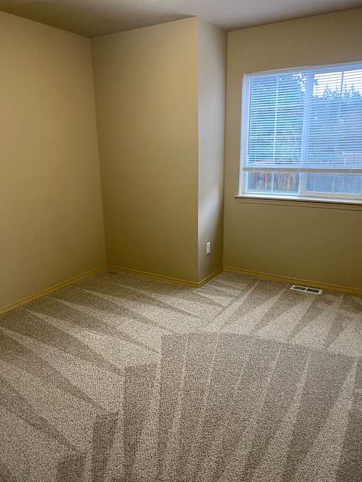 A room with a window and a carpeted wall.