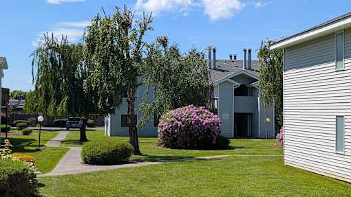 A house with a grey roof and a white fence is surrounded by greenery.