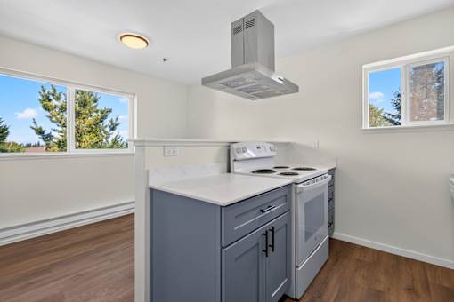 A kitchen with a stove top oven and a range hood.