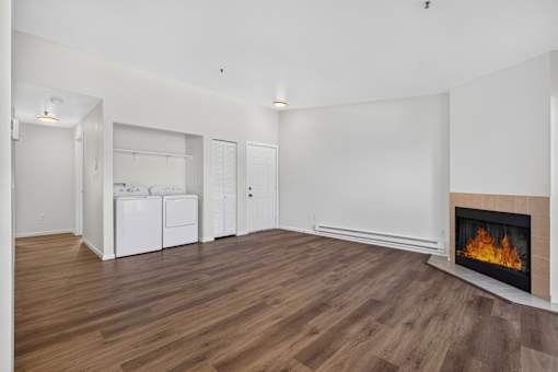 A modern living room with a fireplace and a washing machine.