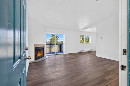 A room with a fireplace and a view of the outdoors through the window.