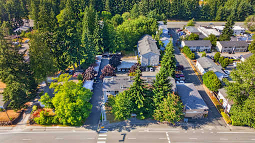 A bird's eye view of a residential area with houses and trees.