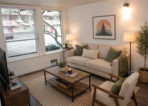 A living room with a couch, chair, and a coffee table.