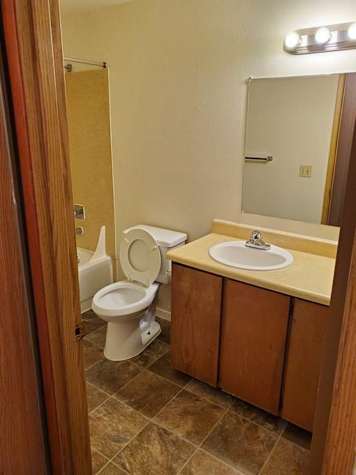 A bathroom with a toilet, sink, and mirror.