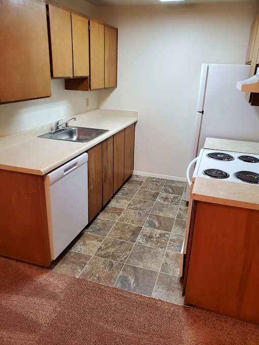 A kitchen with a white fridge and a white dishwasher.