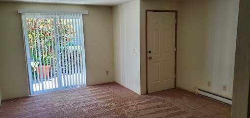 A room with a door and a window with a view of a patio.
