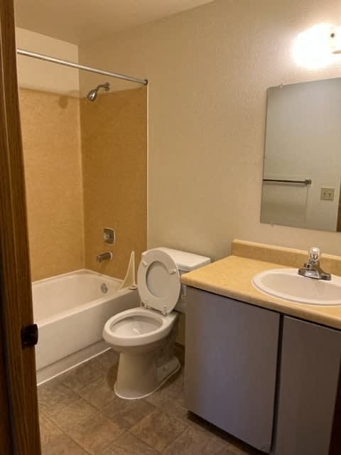 A bathroom with a toilet, sink, and bathtub.