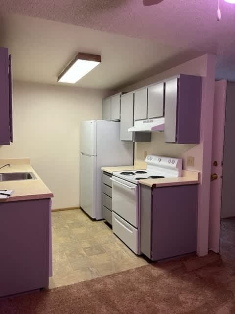 A kitchen with purple cabinets and a white refrigerator.