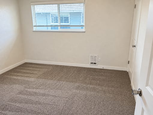 A room with a carpeted floor and a window.