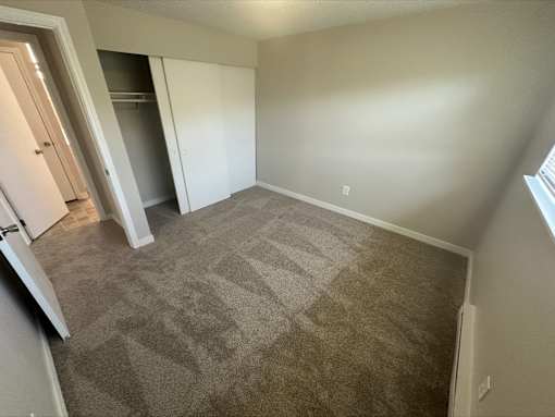 A room with a carpeted floor and a doorway leading to another room.