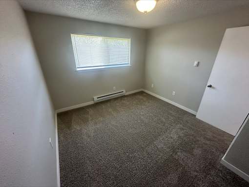 A room with a window and a carpeted floor.