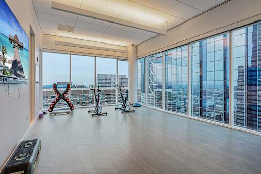 A gym with exercise bikes and a view of the city.