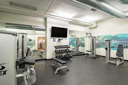A gym with a variety of equipment including a treadmill, weights, and a television.