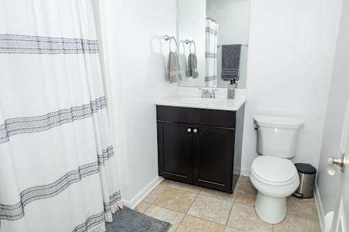 A bathroom with a white toilet and a black cabinet. at Highland Village, Ross Township, Pittsburgh, PA 15229