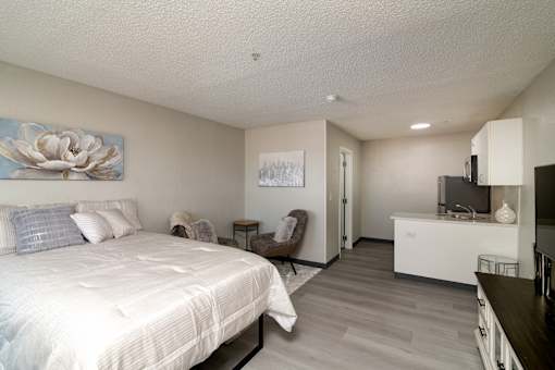 a bedroom with a bed and a desk and a kitchen
