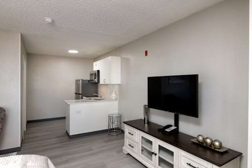 a living room with a tv and a kitchen