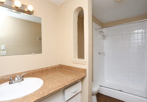 A bathroom with a sink, mirror, and bathtub.