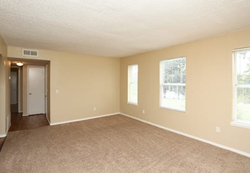 A room with beige walls and carpeted floor.