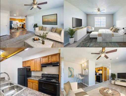 A collage of a modern living room, kitchen, and bedroom.