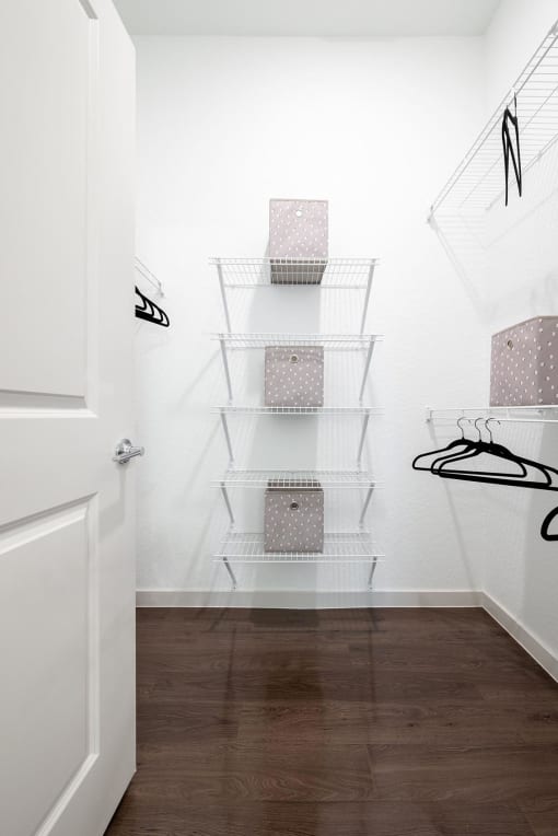 Walk in Closet with White Walls and Shelves and a White Door at AVILA Apartments, Florida