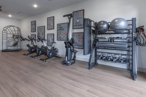 Home Gym with Exercise Equipment and Framed Pictures on the Wall at AVILA Apartments, Florida
