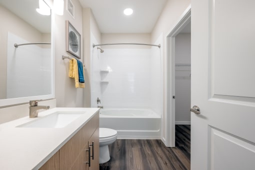 a bathroom with a toilet sink and bathtub in a 555 waverly unit at Alta at Horizon West, Winter Garden