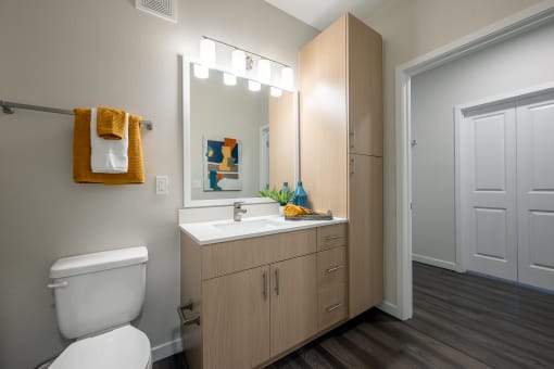 a bathroom with a toilet sink and mirror at Alta at Horizon West, Winter Garden