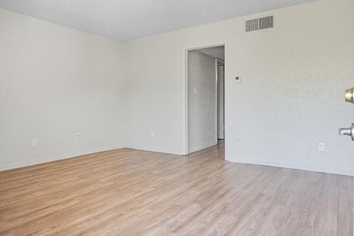 A room with a wooden floor and a white door.