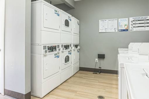 A row of dryers in a laundromat.
