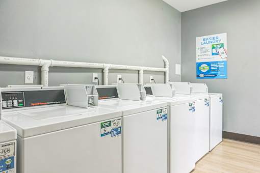 A row of washing machines in a laundromat.