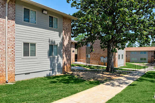 A tree in front of a building with a fence.
