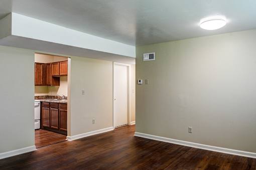 A room with a kitchen in the background and a doorway leading to another room.