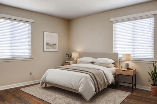A bedroom with a large bed and a small table with a lamp on it.