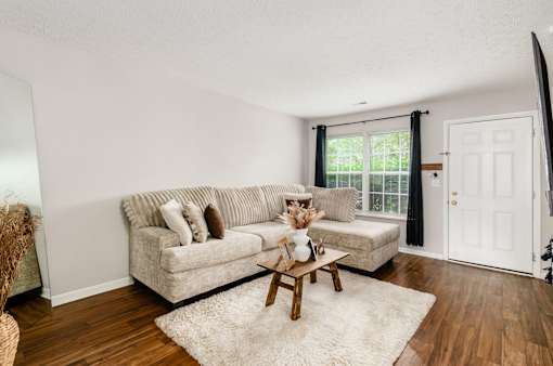 A living room with a couch, a coffee table, and a rug.