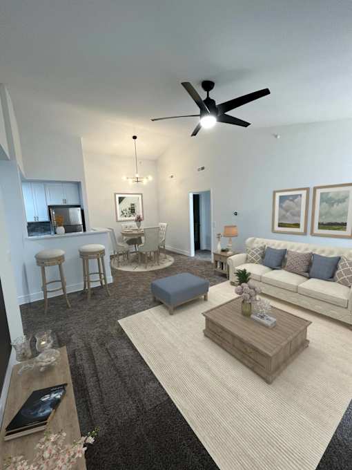 Family room with ceiling fan and new grey carpet at Ivy Hills Living Spaces, Cincinnati, 45244