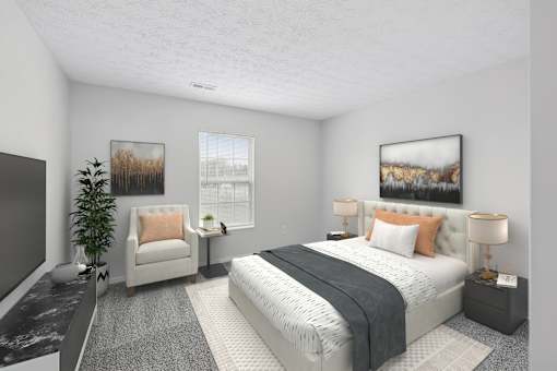 A bedroom with a large bed, a chair, and a painting on the wall.
