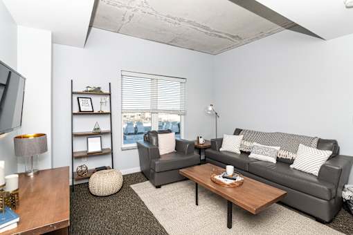 A living room with a grey couch, a coffee table, and a television.
