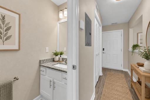A bathroom with a white door and a brown rug.