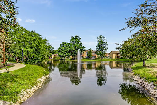 A serene pond in a park with trees and buildings in the background.