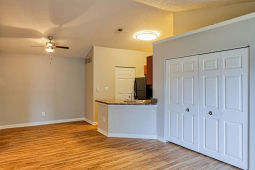 A kitchen area with a white counter and a white door.