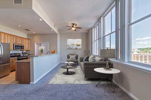 Living Room With Kitchen View at Renaissance at the Power Building, Cincinnati, 45202