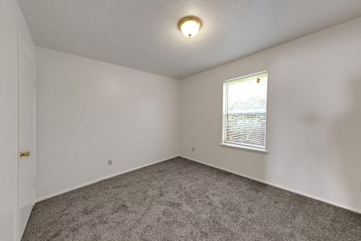 A room with a carpeted floor and a window.