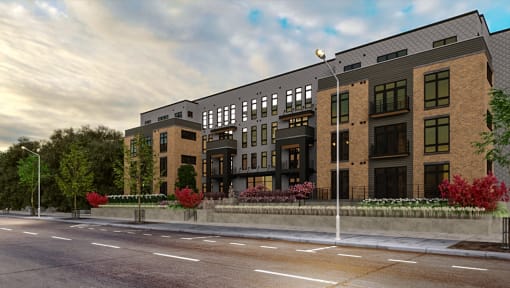 Rendering of a three story apartment building on a city street at Four23/Hoge, Cincinnati, OH, 45226