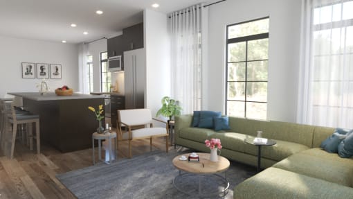 Living room with a kitchen in the background at Four23/Hoge, Ohio, 45226